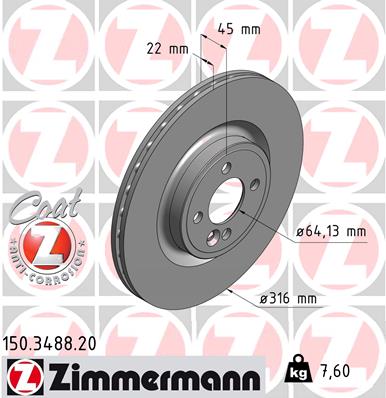 Zimmermann Coat Z Front Brake Disc (1) for MINI  John Cooper Works JCW (316 x 22 mm)  34 11 6 855 781  150 3488 20